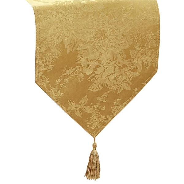 Poinsettia Elegance Jacquard Holiday Table Runner, Gold - 13"W x 70"L