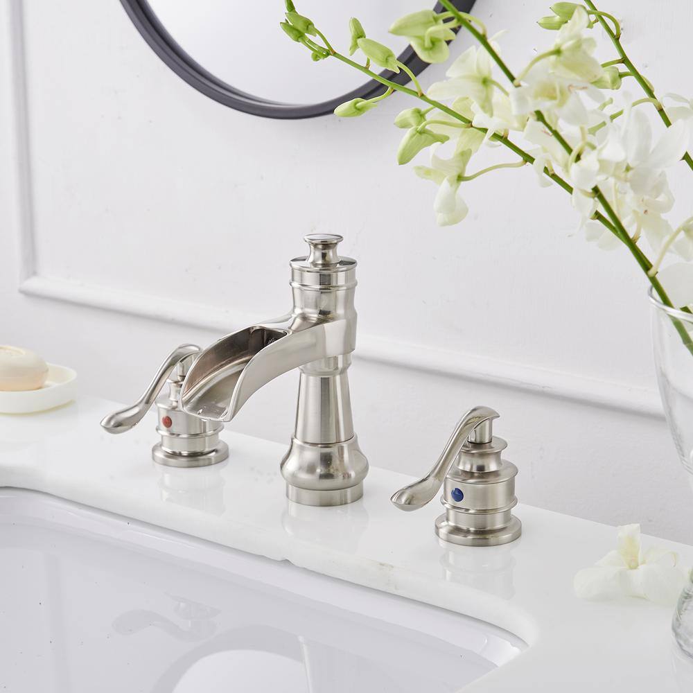 Brushed Nickel 8-Inch Widespread Waterfall Bathroom Faucet with Lever Handles