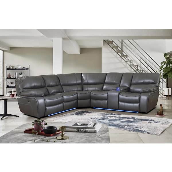 EVERGLADE HOME Slater 105 in. W Pillow Top Arm 3-Piece Faux Leather L Shaped Sectional Sofa in Gray w/ Left Console and LED