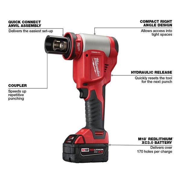 Milwaukee M18 18V Lithium-Ion 1/2 in. - 4 in. Force Logic High Capacity Cordless Knockout Tool Kit /w Die Set \u0026 Hammer Drill