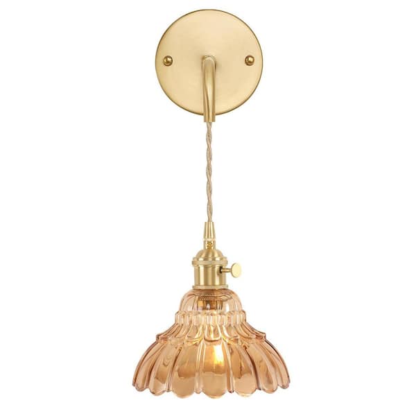 Unbranded Retro 4.72 in. 1 Light Gold Vintage Smart Home Wall Sconce with Lily of the Valley Amber Glass Shade