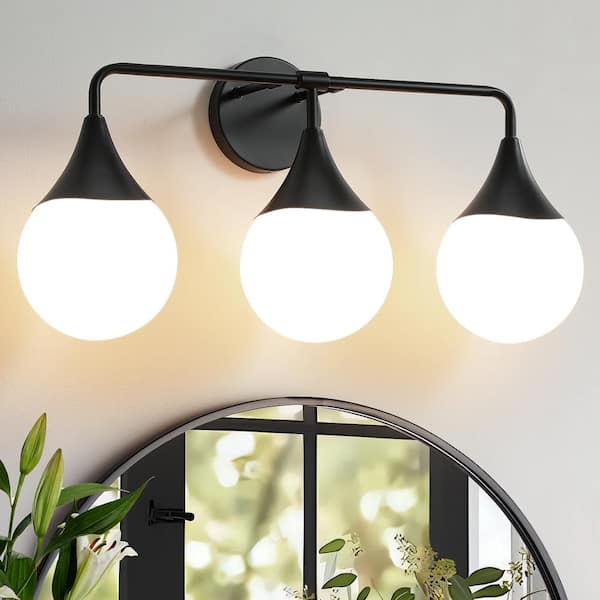 KAISITE 24 in. 3 Light Black Vanity Light with Milk White Globe Glass Shade Modern Bathroom Lighting Fixtures