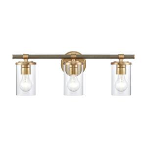 Buffington 22 in. W 3-Light Natural Brass Vanity Light with Glass Shades