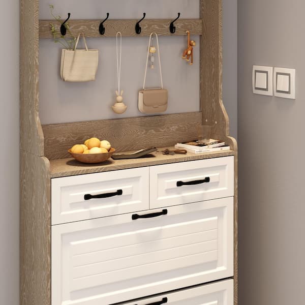New Wooden Shoe Cabinet, 3-Doors and 2-Drawers, Equipped with Hangers and Spacious Storage Space in White