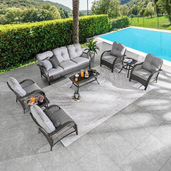 Patio Festival 8-Piece Wicker Patio Conversation Set with Gray Cushions