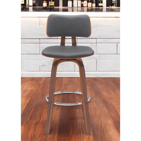 30 in. Gray Low Back Wood Bar Stool Faux Leather Seat