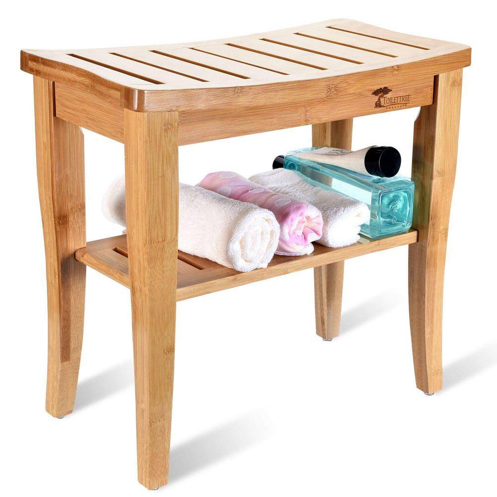 Natural Bamboo Shower Seat Bench with Underneath Shelf