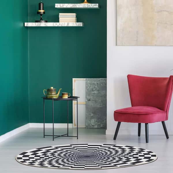 Apollo 3D Portal Modern Geometric Black Ivory 3 ft. 3 in. Round Area Rug