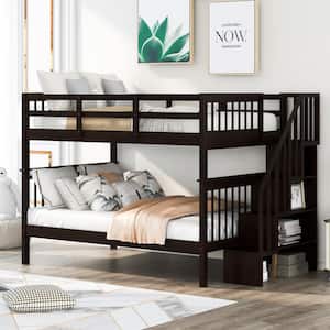 Dark Brown Full Over Full Wooden Bunk Bed with Storage Stairway