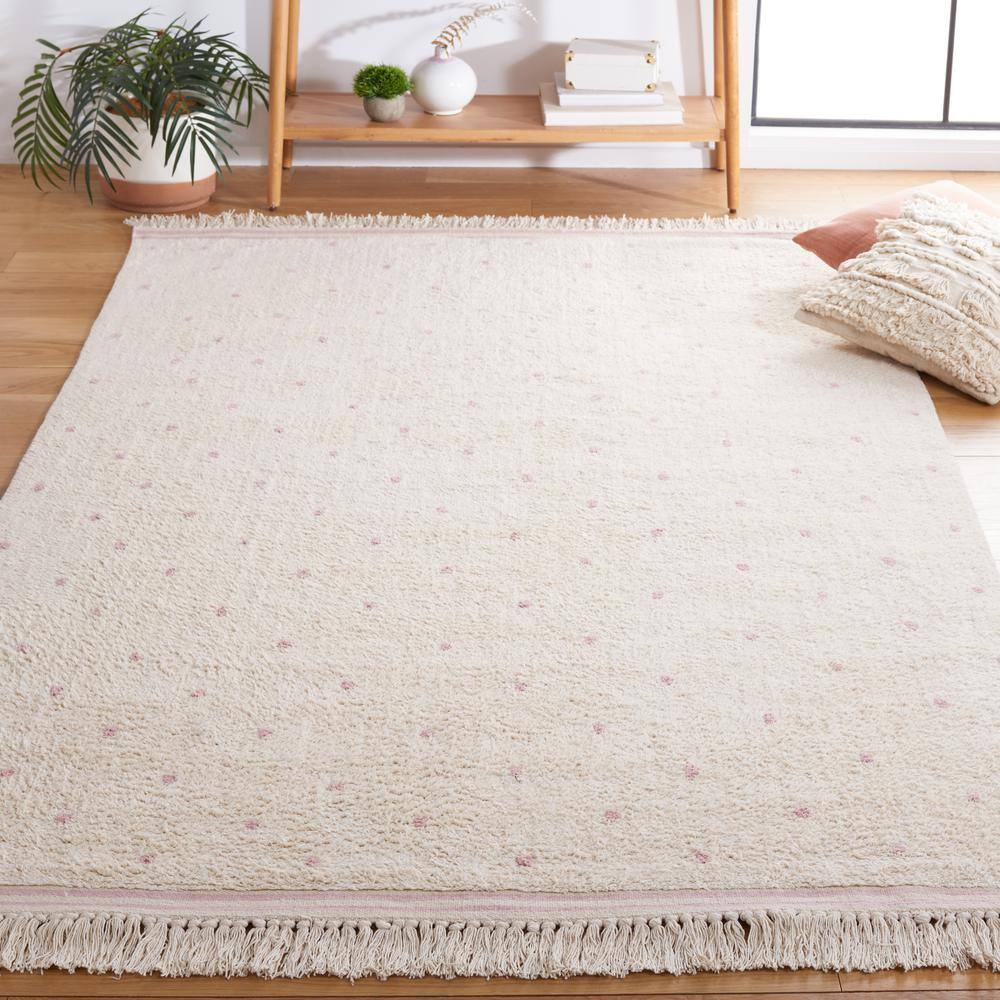 Ivory and Pink Hand-Knotted Washable Square Rug