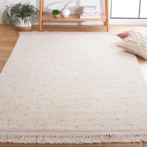 Easy Care Ivory/Pink 6 ft. x 6 ft. Machine Washable Polka Dot Border Solid Color Square Area Rug