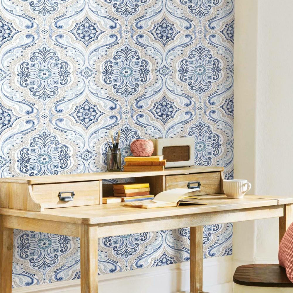 Blue and Tan Bohemian Damask Peel and Stick Wallpaper