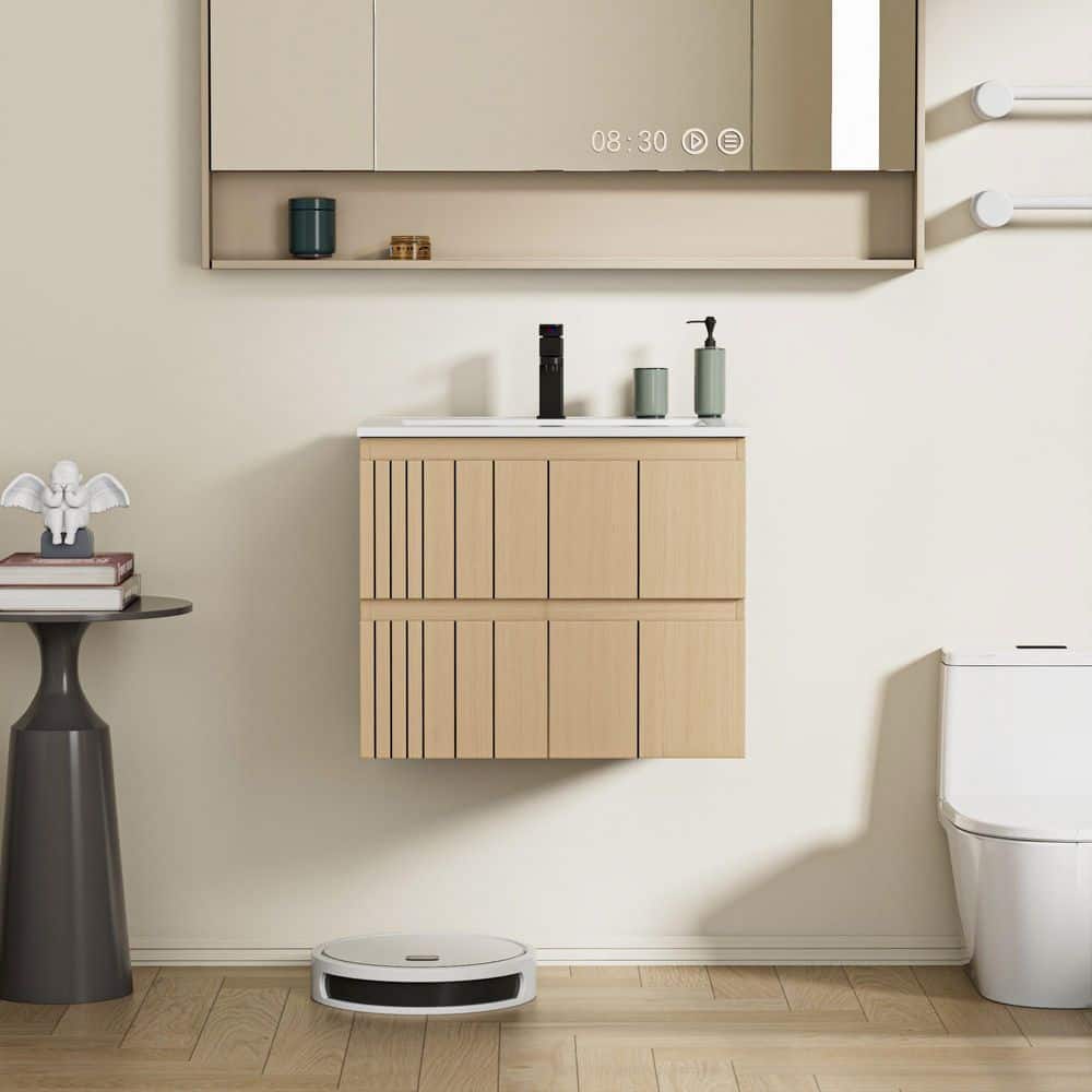 30 in. W x 17.7 in. D x 19.7 in. H Single Sink Floating Oak Bath Vanity with White Integrated Composite Resin Top price history on PriceWatchPro