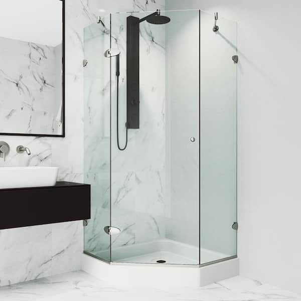 VIGO Verona 40 in. L x 40 in. W x 79 in. H Frameless Pivot Neo-angle Shower Enclosure Kit in Brushed Nickel with Clear Glass