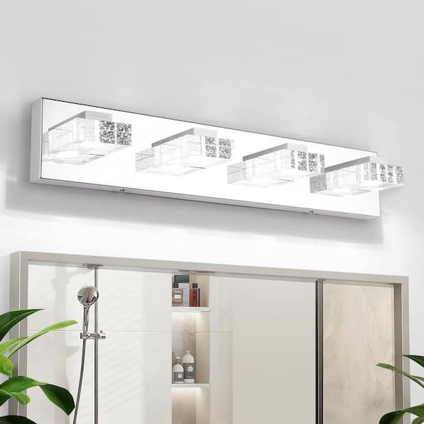 24.4 in. 4-Light Chrome LED Bathroom Vanity Light with Bubble Crystal Lampshade