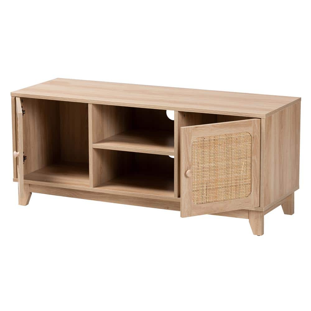 Elsbeth Light Brown Wood and Natural Rattan TV Stand with Cabinet