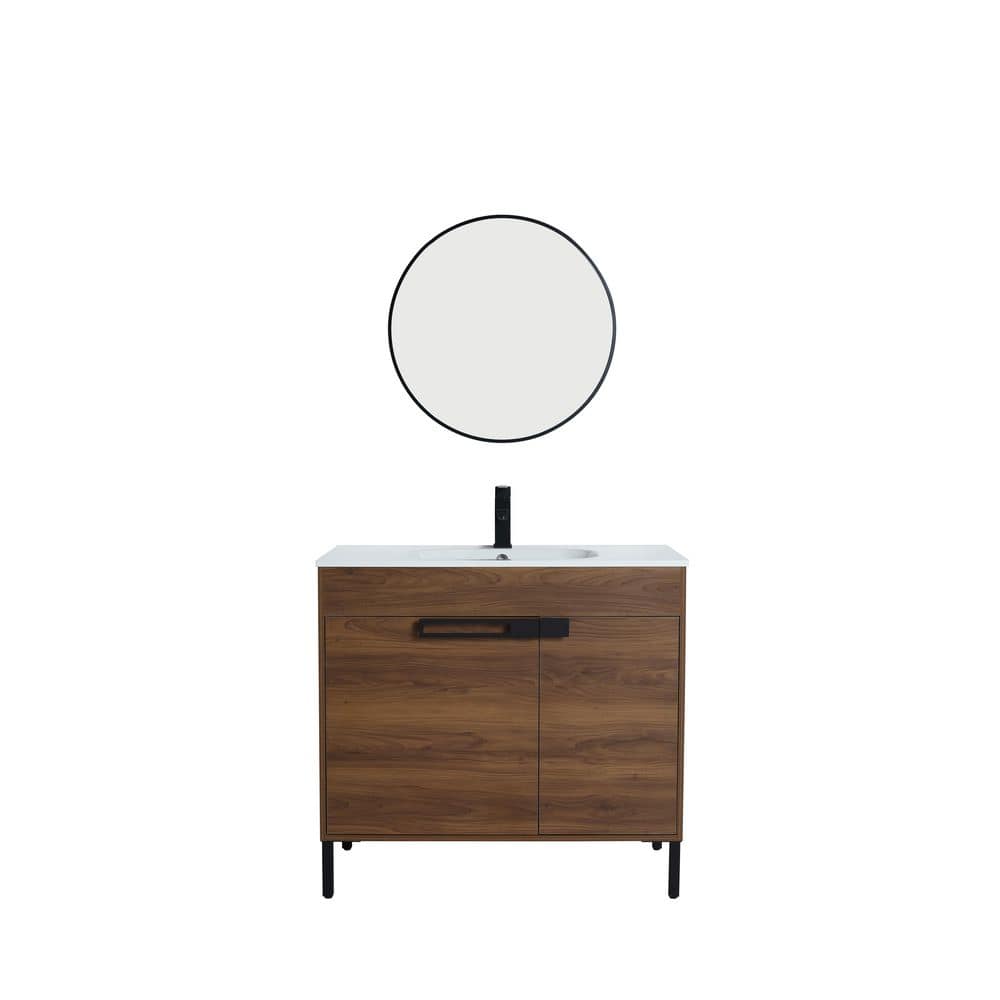 Solid Wood 36 in. Freestanding Natural Wood Brown Bath Vanity with White Re