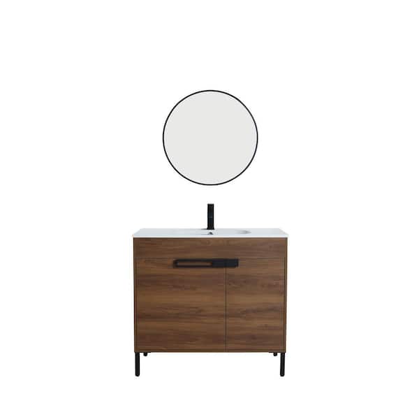 Unbranded Solid Wood 36 in. Freestanding Natural Wood Brown Bath Vanity with White Resin Basin Top Assembled