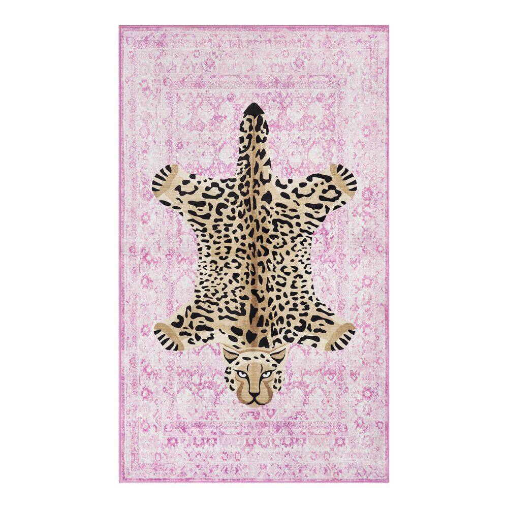 Leopard Medallion Light Pink 3 ft. x 5 ft. Woven Animal Print Washable Area Rug price history on PriceWatchPro