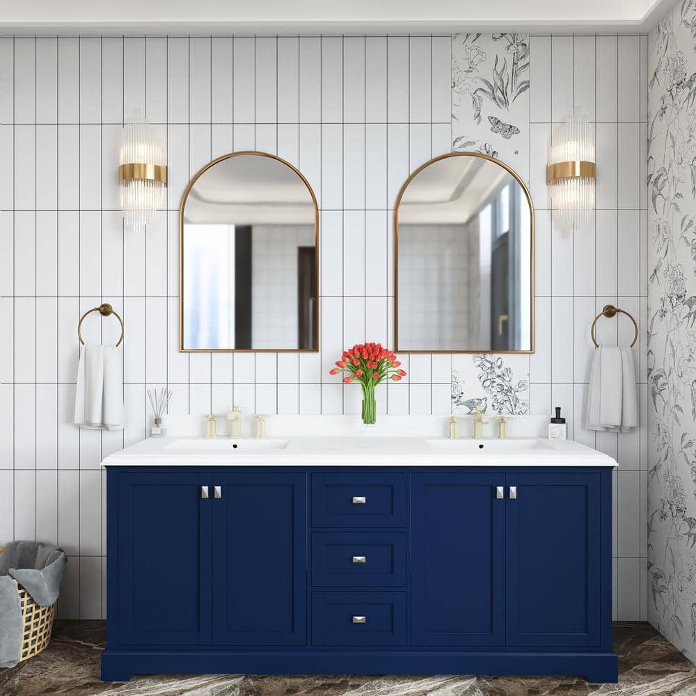 72 in. W x 22 in. D x 34 in. H Double Sink Freestanding Bath Vanity in Navy Blue with White ...