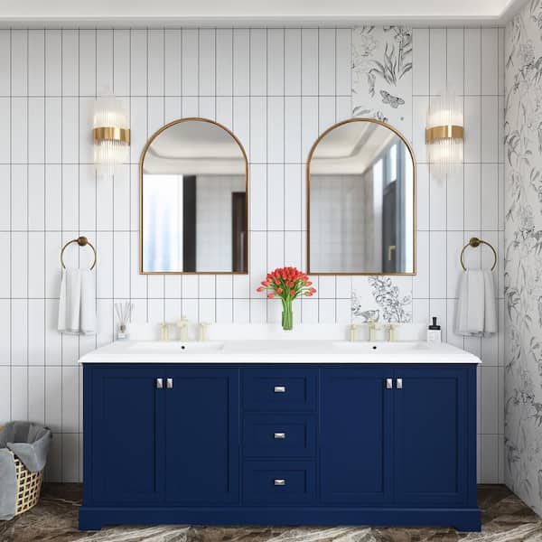 Unbranded 72 in. W x 22 in. D x 34 in. H Double Sink Freestanding Bath Vanity in Navy Blue with White Engineered Stone Top