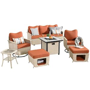 Sierra Beige 7-Piece Wicker Multi-Use Fire Pit Patio Conversation Sofa Set with Swivel Chairs and Orange Red Cushions