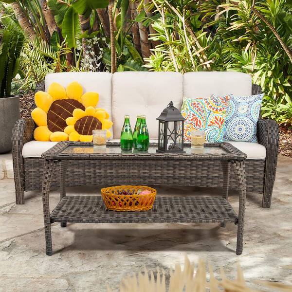 Zeus & Ruta 2-Piece 3-Seat Wicker Patio Conversation Set with Beige Cushions and Coffee Table