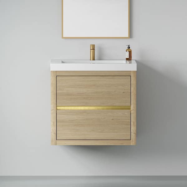 24 in. Wall-Mounted Bath Vanity Floating Bathroom Storage Cabinet in Natural Oak with White Stone Resin Top