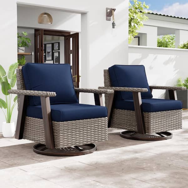 JOYSIDE Wicker Patio Outdoor Rocking Chair Swivel Lounge Chair with Deep Blue Cushion (2-Pack)