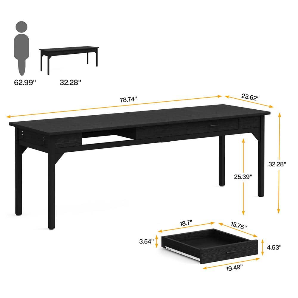 Black Engineered Wood Double Desk with Drawers