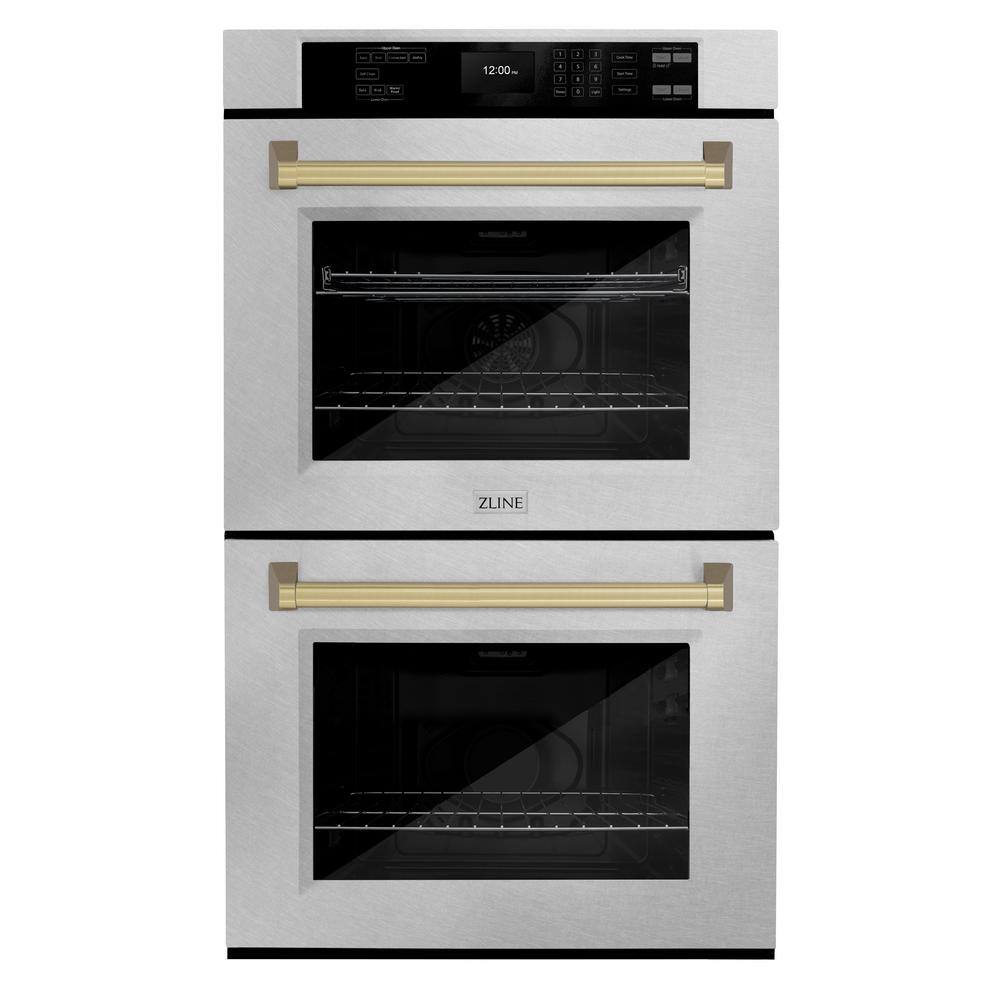 ZLINE Kitchen and Bath Autograph Edition 30 in. Double Electric Wall Oven in DuraSnow Stainless Steel with Champagne Bronze Handles