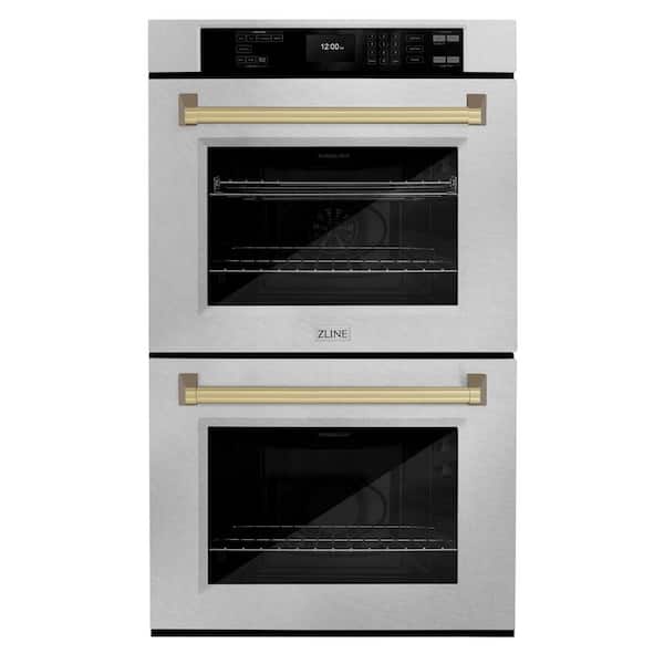 ZLINE Kitchen and Bath 30 in. Autograph True Convection Double Wall Oven with Air Fry and Self Clean in Satin Steel with Bronze Handles