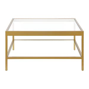 32 in. Gold Square Glass Coffee Table with Shelves;Storage