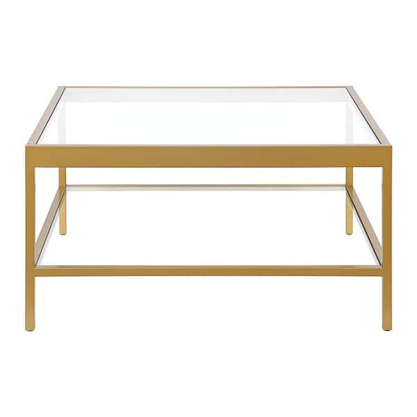HomeRoots 32 in. Gold Square Glass Coffee Table with Shelves; Storage