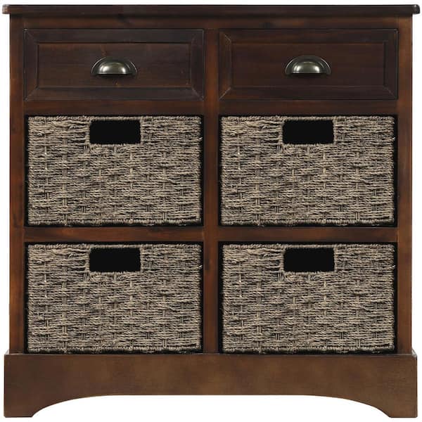 Brown Wooden Storage Rack Unit 4 Weaving Baskets Bathroom Kitchen Fabric Drawer 