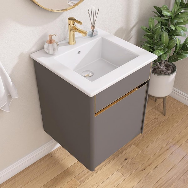 16 in. W x 17 in. D x 19 in. H Floating Wall Mounted Bath Vanity Bathroom Cabinet in Gray with White Ceramic Basin Top