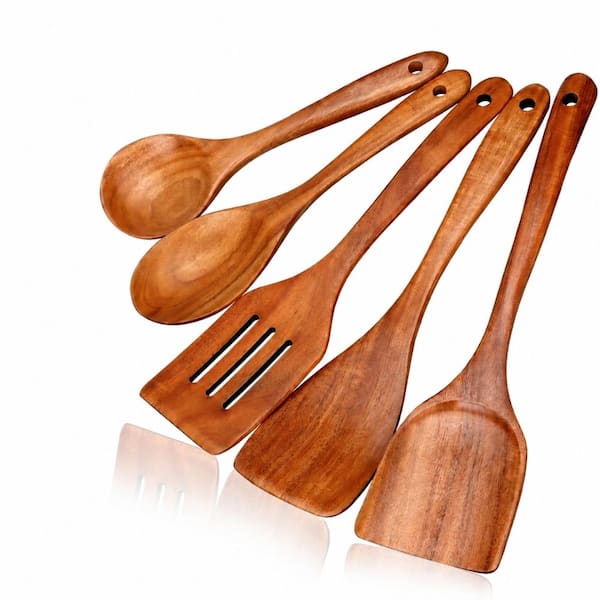 5-Piece Teak Wood Kitchen Utensil Set with Turner, Spatulas, Serving Spoon and Salad Spoons, Non-Scratch