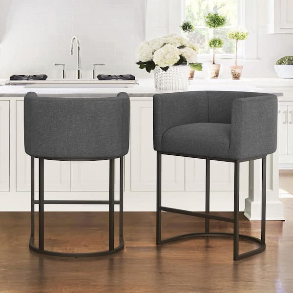 LUE BONA 26 in.Dark Gray and Black Low Back Bar Stool with Metal Frame Counter Height Linen Fabric Counter Stool (Set of 2)