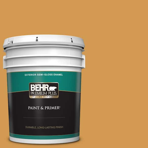 BEHR PREMIUM PLUS 5 gal. #PPU6-02 Saffron Strands Semi-Gloss Enamel Exterior Paint & Primer