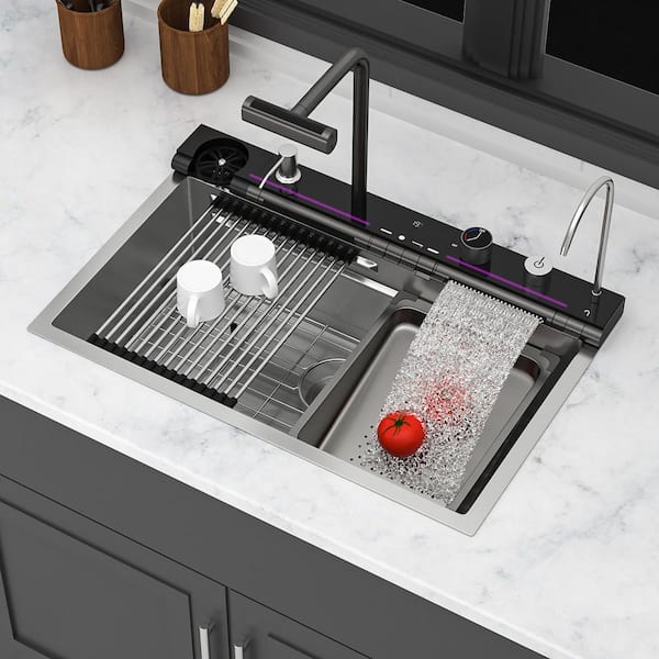 30 in. Drop-In Single Bowl 16 Gauge Brushed Nickel Stainless Steel Kitchen Sink with Workstation