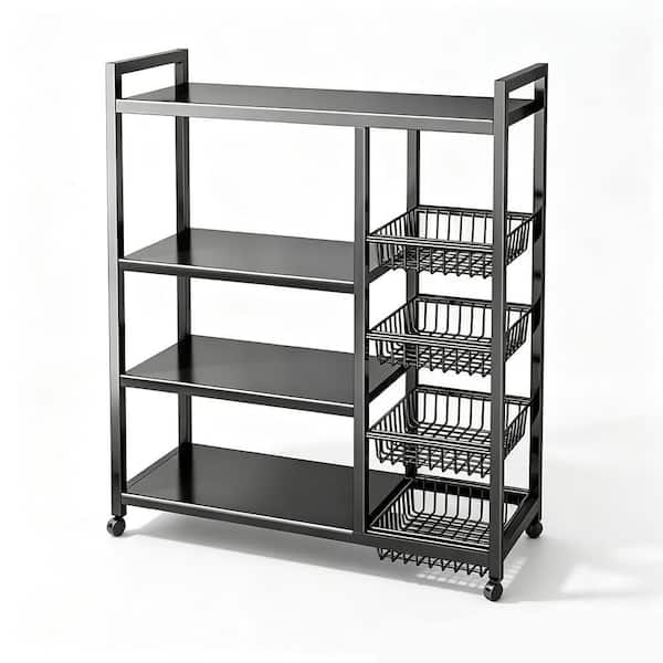 4‑Tier Mobile Kitchen Storage Rack, Carbon Steel Utility Cart with 3 Mesh Baskets and Wheels