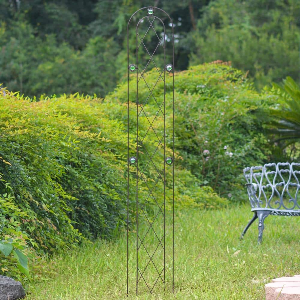 Bronze Arched Iron Garden Trellis with Green Accents