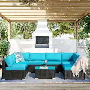Black 9-Piece Patio Sets PE Wicker Set, Outdoor Patio Sectional Conversation Sofa Set and Glass Table with Blue Cushions