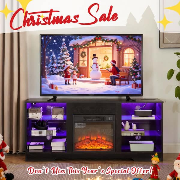 58 in. Freestanding Modern Electric Fireplace TV Stand with LED Lights in Black
