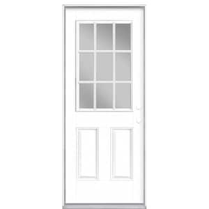 32 in. x 80 in. 9 Lite White Left Hand Inswing Painted Smooth Fiberglass Prehung Front Exterior Door with No Brickmold