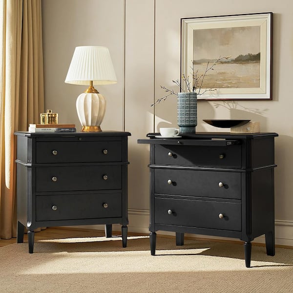 Fabien Black 3-Drawer 28 in. W Nightstand with Solid Wood Legs (Set of 2)
