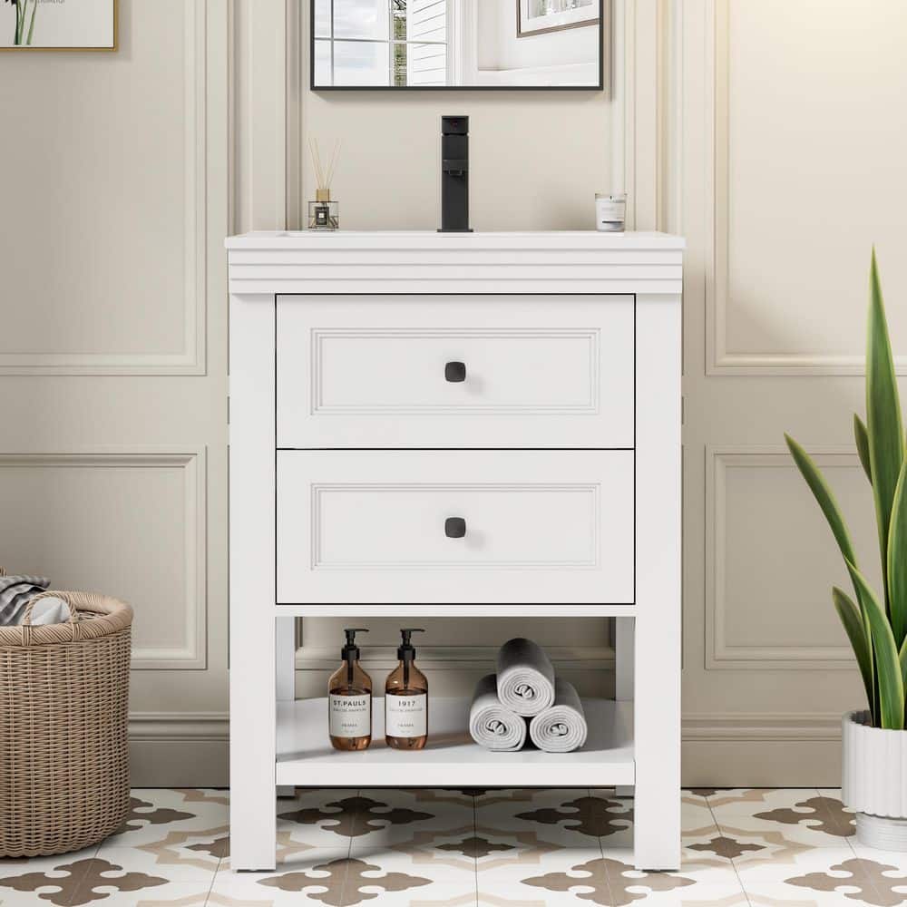24 in. W x 17.7 in. D x 34 in. H 1-Sink Freestanding Bath Vanity in White with White Ceramic Top and Drain Faucet Set price history on PriceWatchPro