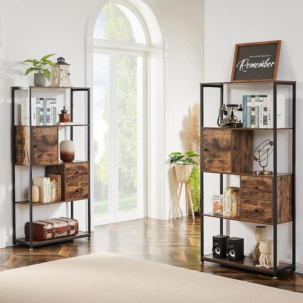 12 in. Wide Bookcase with Drawer/Storage Cabinet/Door, 5 Tier Industrial Wood Bookshelf Display Shelf Organizer, Brown