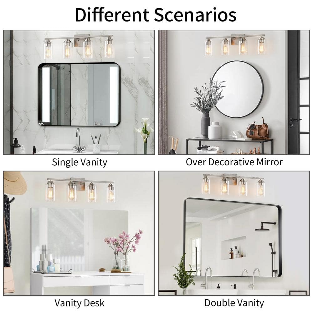 30" Brushed Nickel 4-Light Vanity Fixture with Clear Glass Shades
