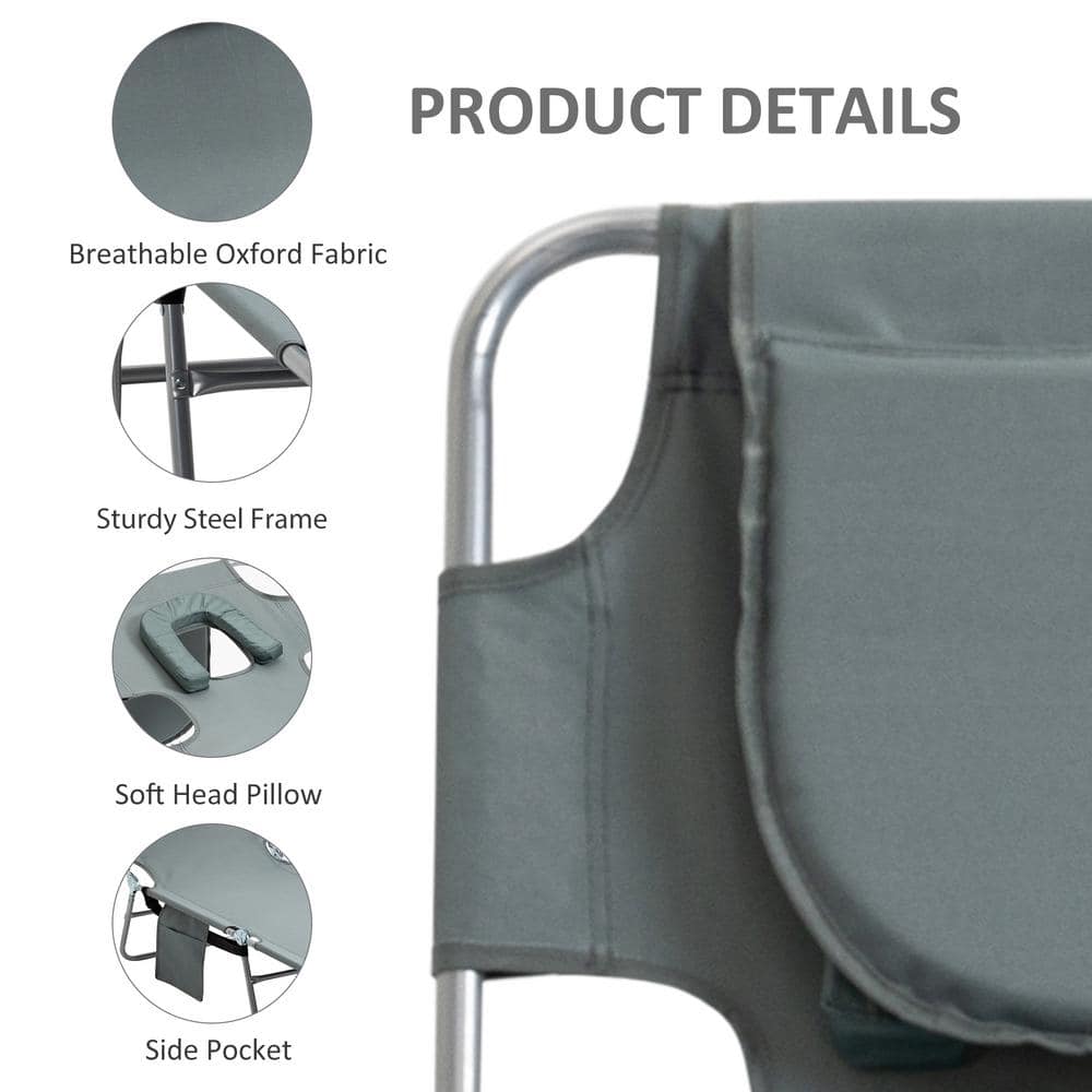 Gray Folding Outdoor Chaise Lounge with Pillow and Arm Slots